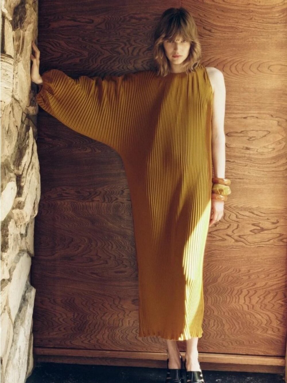 Zara Asymmetrical Pleated Dress in Mustard, size small